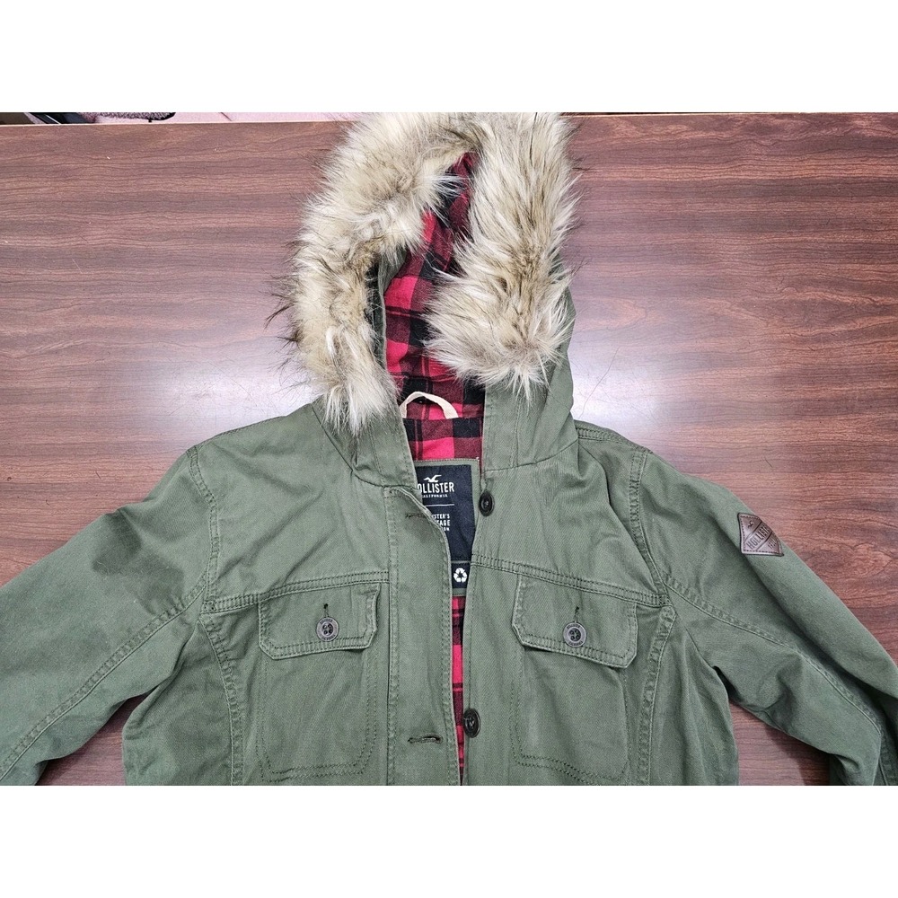 Hollister Women's Utility Jacket Fur Hood Plaid Interior Green Coat Size Large - Picture 2 of 11